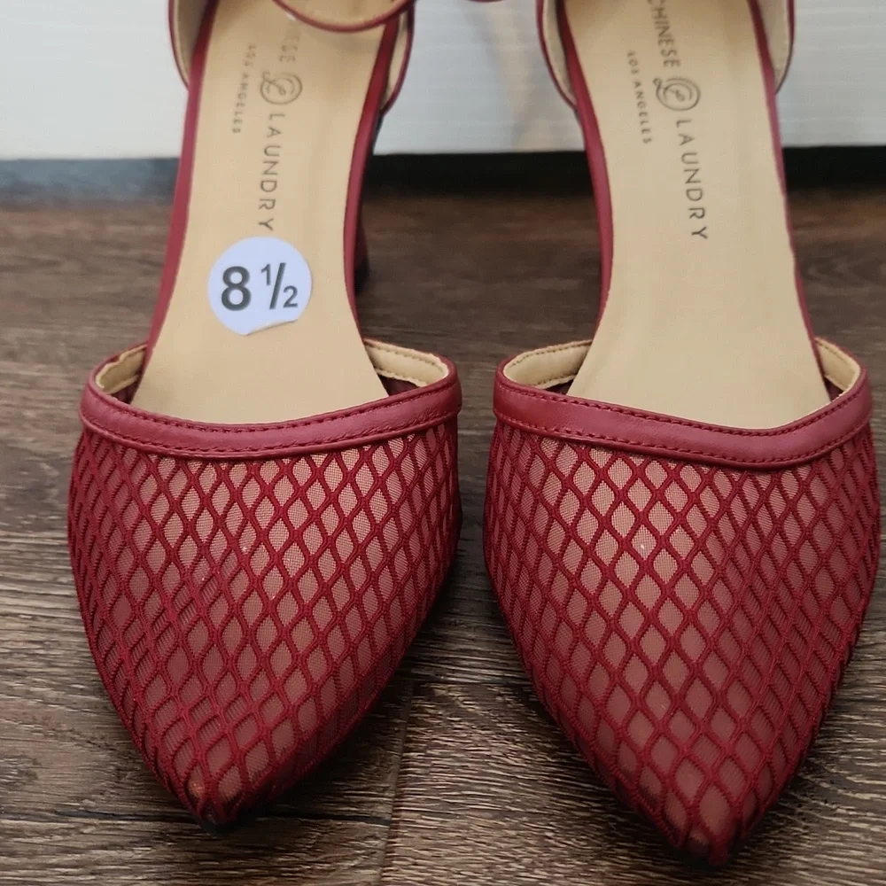 NEW Chinese Laundry Pointed Mesh Toe Ankle Strap Red Heels, size 8.5